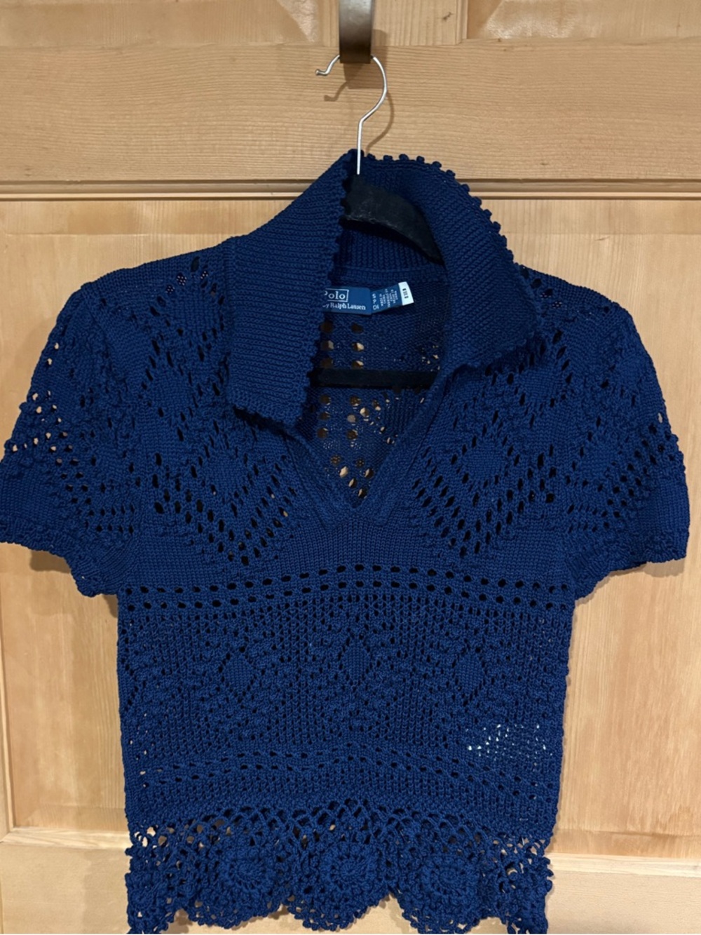 Polo Ralph Lauren Navy Crochet Knit Polo Top, size S